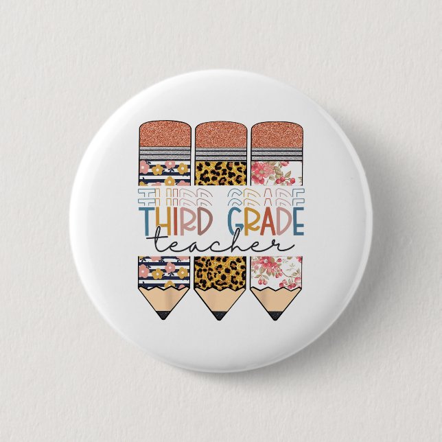 Third Grade Teacher Fun Leopard Pencil First Day O Button (Front)