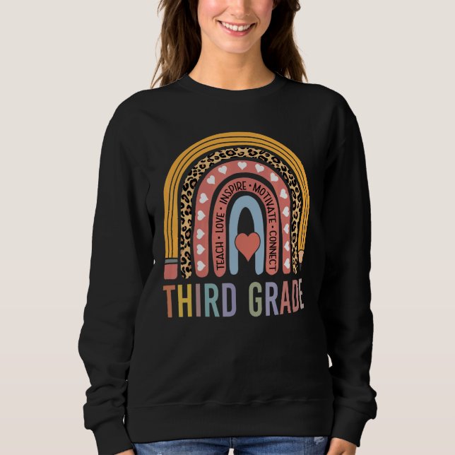 Third Grade Teacher Leopard Print Cute Women Rainb Sweatshirt (Front)