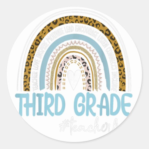 Third Grade Teacher Life Leopard Boho Rainbow Classic Round Sticker