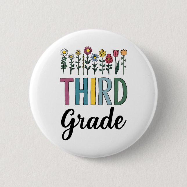 Third Grade Teacher Wildflower Back To School Flor Button (Front)