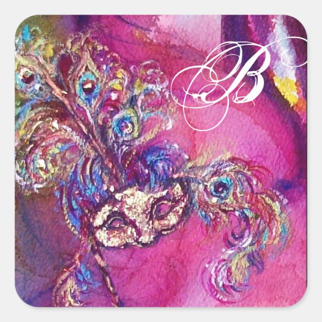 THIRD MASK Masquerade Monogram Fuchsia Blue Gold Square Sticker (Front)