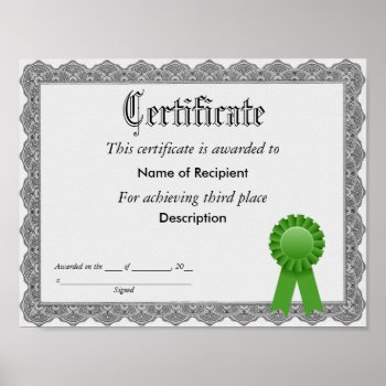 Third Place Green Ribbon Certificate Poster by jetglo at Zazzle