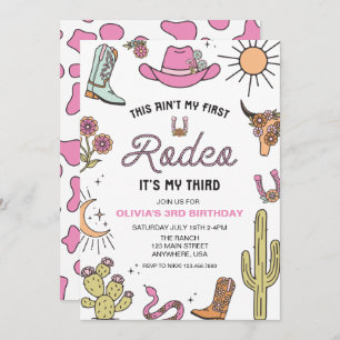 Third Rodeo Pink Western 3rd Birthday Invitation