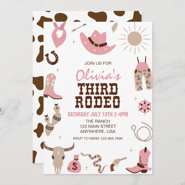 Third Rodeo Pink Western 3rd Birthday Invitation (Front/Back)