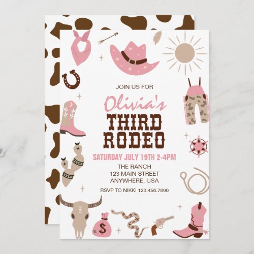 Third Rodeo Pink Western 3rd Birthday Invitation