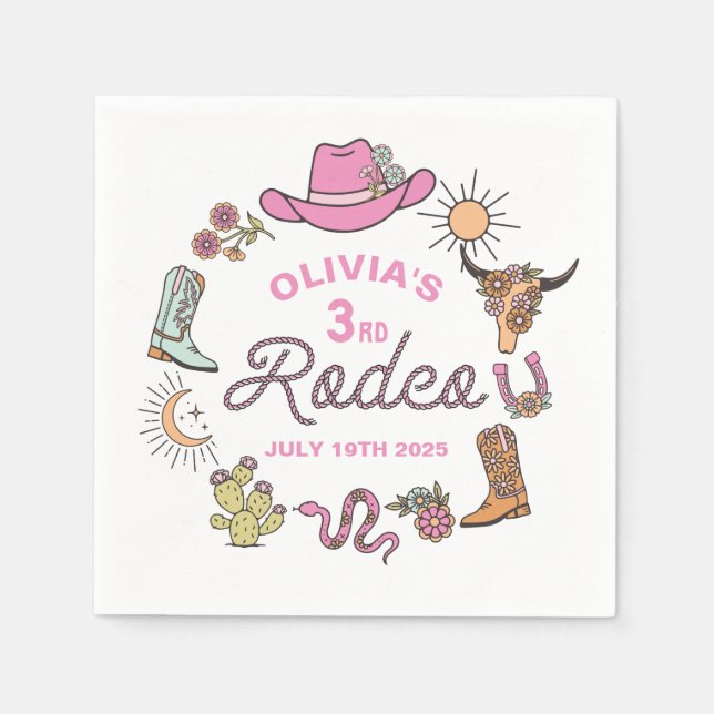 Third Rodeo Pink Western Cowboy 3rd Birthday Napkins (Front)