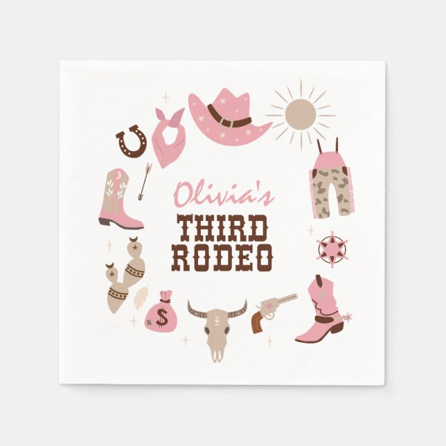Third Rodeo Pink Western Cowboy 3rd Birthday Napkins (Front)