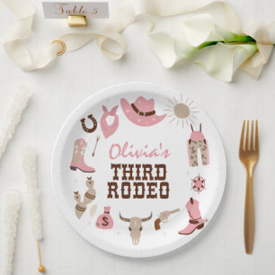 Third Rodeo Pink Western Cowboy 3rd Birthday Paper Plates