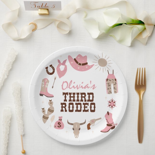 Third Rodeo Pink Western Cowboy 3rd Birthday Paper Plates (Wedding)