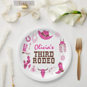 Third Rodeo Pink Western Cowboy 3rd Birthday Paper Plates