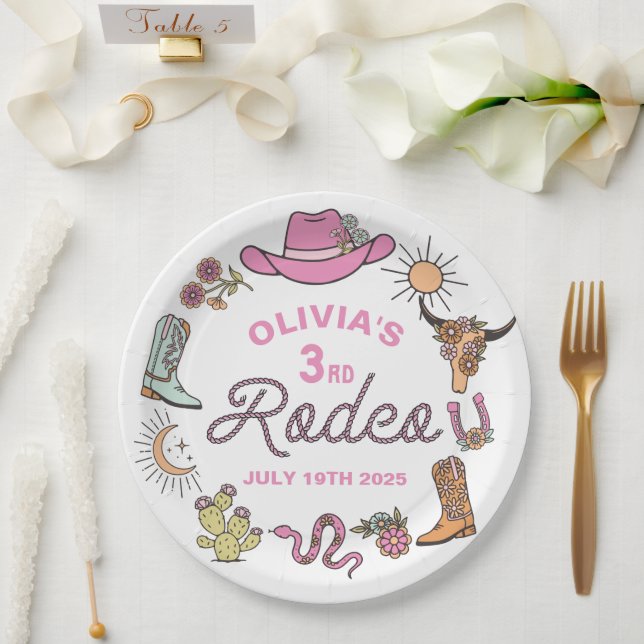 Third Rodeo Pink Western Cowboy 3rd Birthday Paper Plates (Wedding)