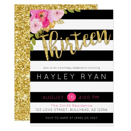 Thirteen 13th Birthday Black White Stripe Invitation