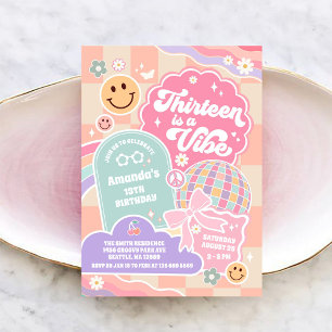 Thirteen Is A Vibe Cloud Rainbow Disco Birthday Invitation