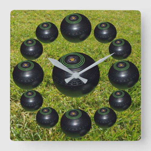 Thirteen Lawn Bowls On Green Grass Square Wall Clock