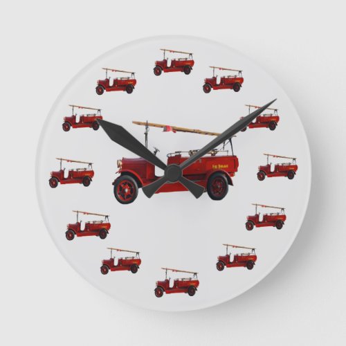 Thirteen Red Vintage Fire Trucks Round Clock