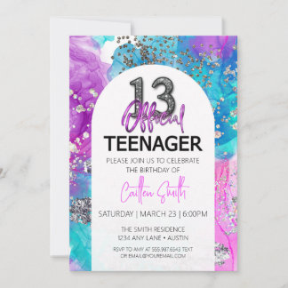Thirteenth Birthday Invitation Cool Neon Glitter