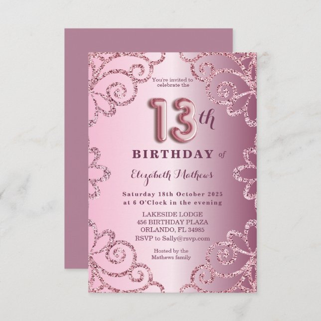 Thirteenth Birthday Pink Glitter Balloon Script  Invitation (Front/Back)