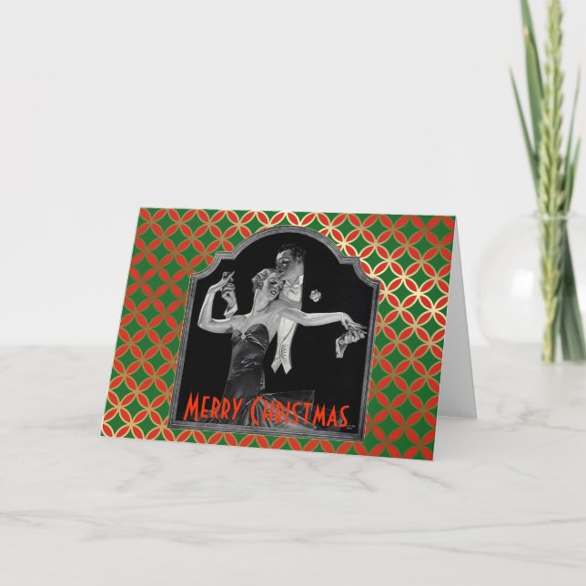 Thirties Dancing Deco Red and Green Christmas Holiday Card (Front)