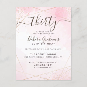 Thirtieth Script Watercolor Pink Birthday Party Invitation Postcard
