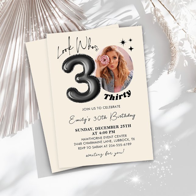 Thirty 30th Birthday Black Modern Photo Invitation (Creator Uploaded)