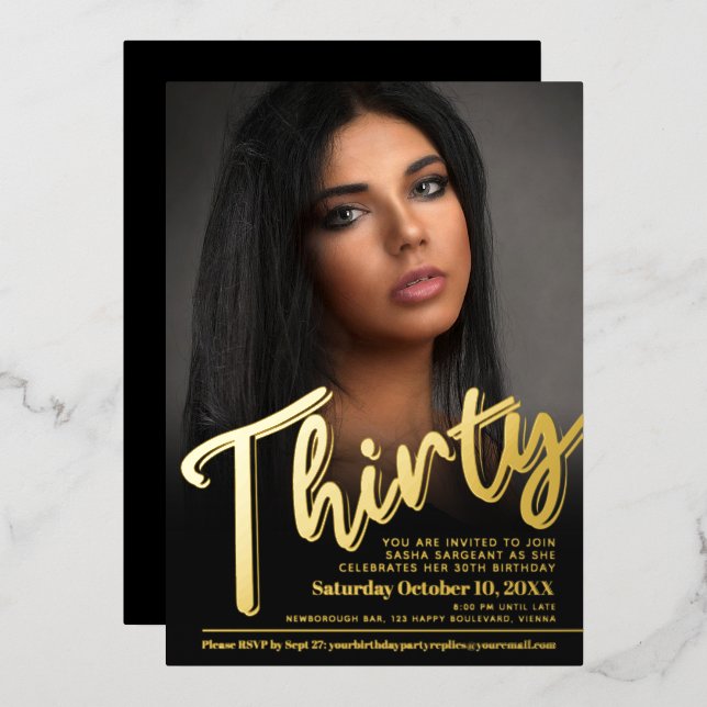Thirty 30th Birthday custom photo script gold Foil Invitation (Front/Back)