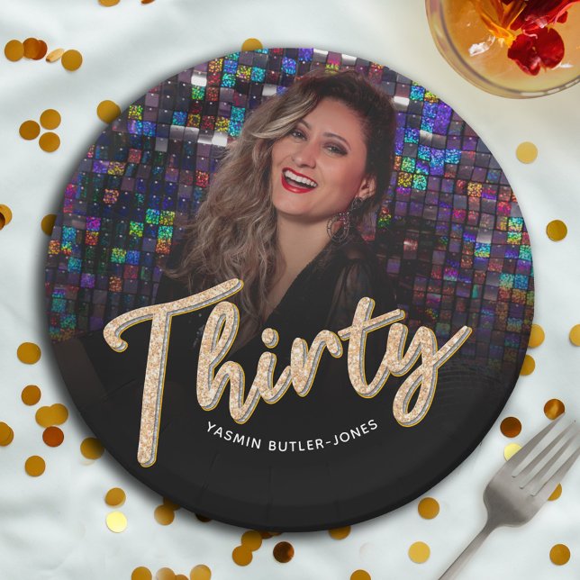Thirty 30th Birthday custom photo script gold Paper Plates (Creator Uploaded)