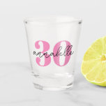 Thirty 30th birthday first name script shot glass<br><div class="desc">Personalized 30th birthday shot glass with pink age text and modern script name.  Colors and fonts can be changed if required.</div>