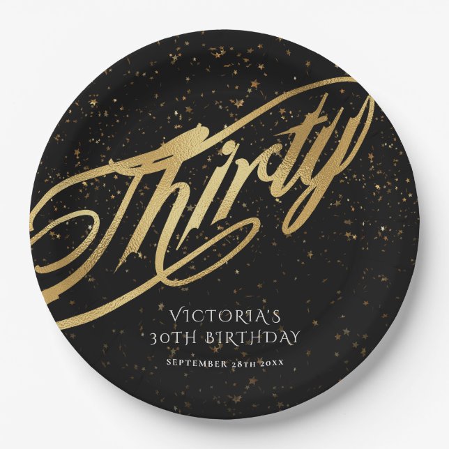 Thirty 30th Birthday Gold Black Stylish Confetti Paper Plates (Front)