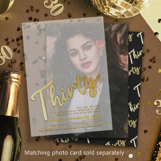 Thirty 30th birthday gold script text overlay vellum invitations
