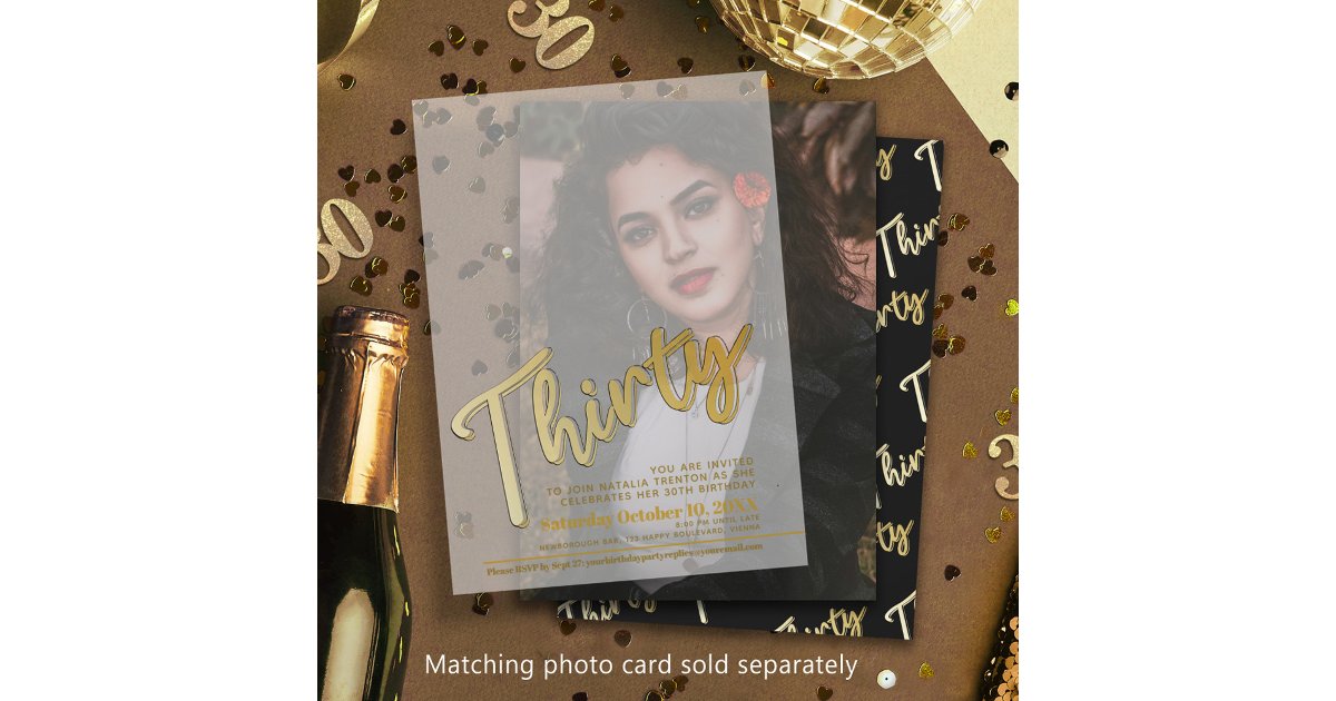 Thirty 30th birthday gold script text overlay vellum invitations | Zazzle