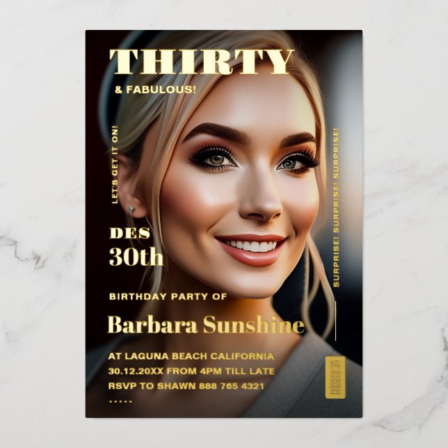 Thirty 30th Birthday Magazine Elegant Modern Gold Foil Invitation (Front)