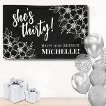 Thirty 30th Birthday Party Banner<br><div class="desc">Thirty Black And White 30th Birthday Party Banner: Make a statement at your event with this stylish 30th birthday banner. Featuring a sophisticated black background adorned with white flowers, this banner combines classic serif fonts and script typography to create a chic look. The text can be personalized to highlight the...</div>