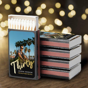 Thirty 30th birthday party favor photo gold black matchboxes