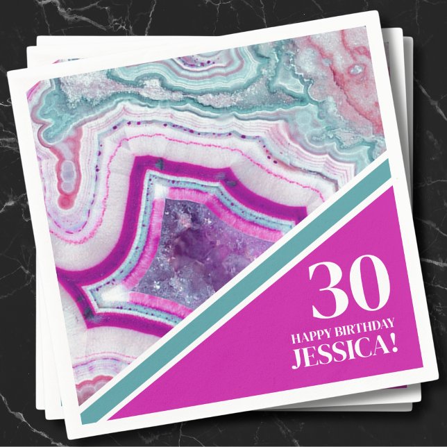 Thirty 30th Birthday Party Napkins (Bright Turquoise Pink Agate 30th Birthday Party Napkins)