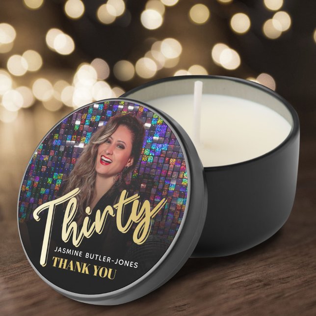 Thirty 30th birthday party photo gold black mini candle favors (Creator Uploaded)