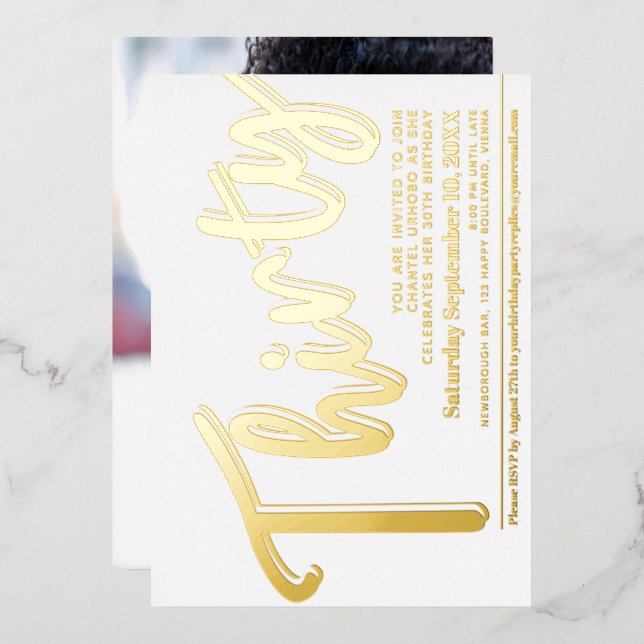 Thirty 30th Birthday party white with gold script Foil Invitation (Front/Back)