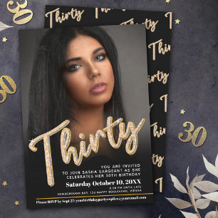 Thirty 30th Birthday photo script black gold Invitation
