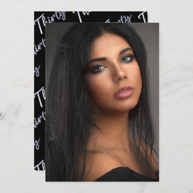 Thirty 30th Birthday photo script black silver Invitation (Front/Back)