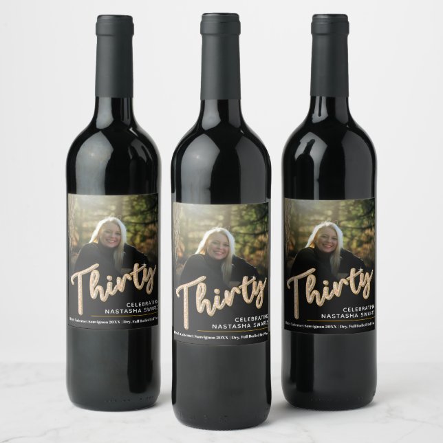 Thirty 30th Birthday photo script glitter gold Wine Label (Bottles)
