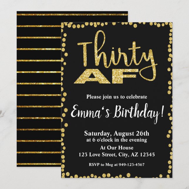 Thirty AF black and gold glitter 30th Birthday Invitation (Front/Back)