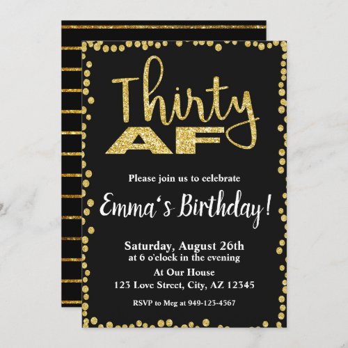Thirty AF black and gold glitter 30th Birthday Invitation