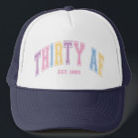 Thirty AF Custom Funny Turning 30 Birthday Trucker Hat<br><div class="desc">Celebrate the big 30 in style with this funny "Thirty AF" trucker hat Featuring a custom birth year, this retro-inspired design makes the perfect birthday gift for her. The collegiate-style font with bold, colorful letters adds a nostalgic touch, Comfy, trendy, and full of attitude—because turning 30 is a vibe! Rock...</div>