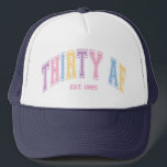 Thirty AF Custom Funny Turning 30 Birthday Trucker Hat<br><div class="desc">Celebrate the big 30 in style with this funny "Thirty AF" trucker hat Featuring a custom birth year, this retro-inspired design makes the perfect birthday gift for her. The collegiate-style font with bold, colorful letters adds a nostalgic touch, Comfy, trendy, and full of attitude—because turning 30 is a vibe! Rock...</div>