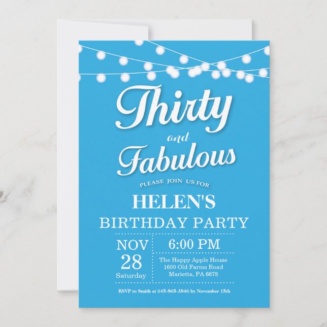 Thirty and Fabulous Birthday Invitation Blue (Front)
