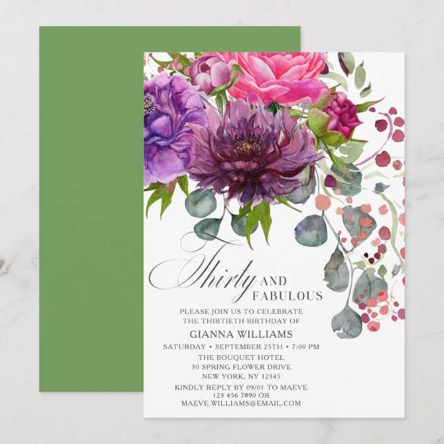 Thirty and Fabulous Elegant Floral 30th Birthday Invitation (Front/Back)