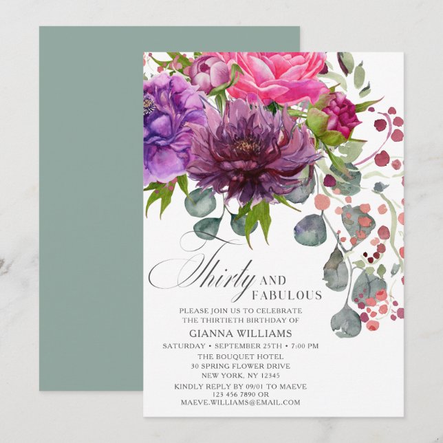 Thirty and Fabulous Elegant Floral 30th Birthday Invitation (Front/Back)