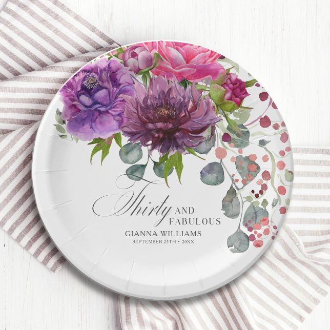 Thirty and Fabulous Elegant Floral 30th Birthday Paper Plates (Creator Uploaded)