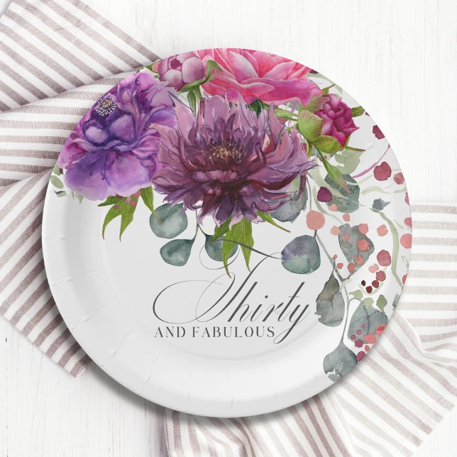 Thirty and Fabulous Elegant Floral 30th Birthday Paper Plates (Creator Uploaded)