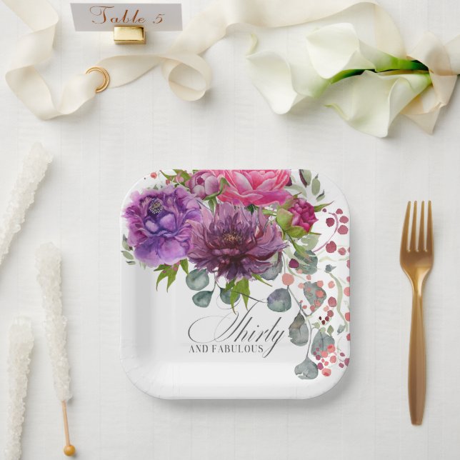 Thirty and Fabulous Elegant Floral 30th Birthday Paper Plates (Wedding)