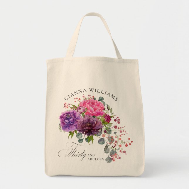 Thirty and Fabulous Elegant Floral 30th Birthday Tote Bag (Front)